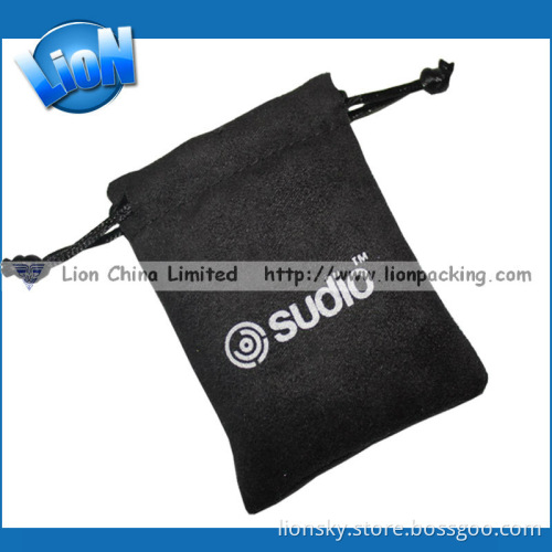 Silk Printing Black Small Wholesale Suede Gift Pouch with Drawstring (E-055)